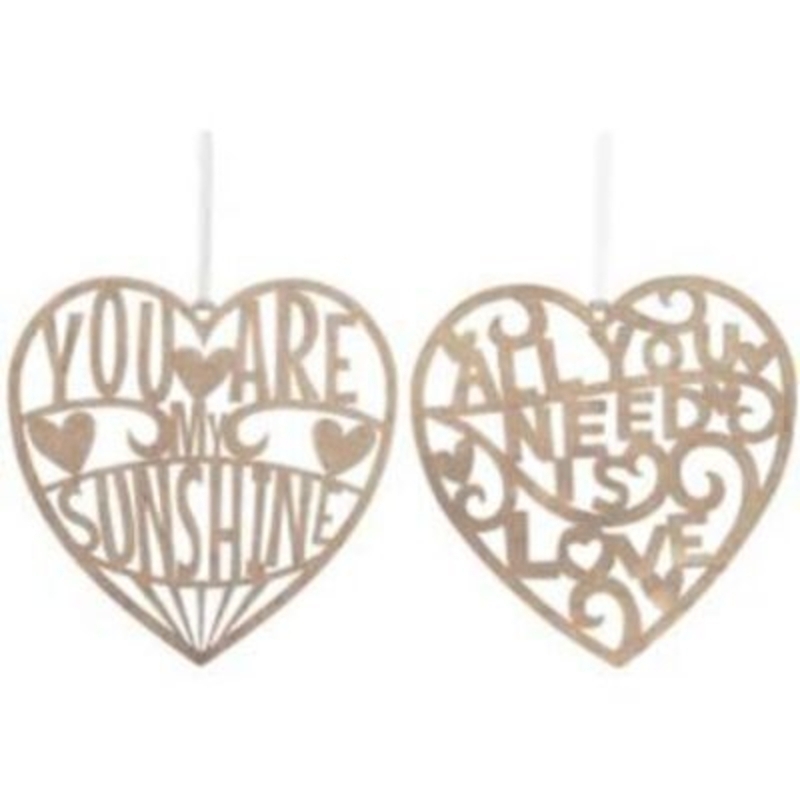 All You Need or My Sunshine Heart Decorations by Transomnia.  Wooden Fretwork heart shaped decorations with the song titles 'You are my Sunshine' or 'All you need is love' written in fretwork. If preference please specify Sunshine or love when ordering.